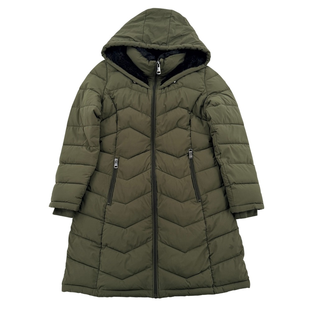 Andrew Marc Stretch Women Olive Green Chevron Quilted Hooded Puffer Coat Small